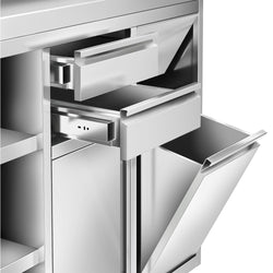 Szafka robocza ze stali nierdzewnej - 1292x600mm - z drzwiami na zawiasach, 2 szufladami, koszem na śmieci, powierzchnią przechowywania 2-poziomową po lewej stronie, z rantem - pod ekspres do kawy