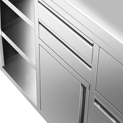 Szafka robocza ze stali nierdzewnej - 1292x600mm - z drzwiami na zawiasach, 2 szufladami, koszem na śmieci, powierzchnią przechowywania 2-poziomową po lewej stronie, z rantem - pod ekspres do kawy