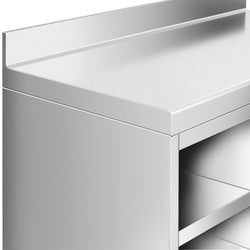 Szafka robocza ze stali nierdzewnej - 1292x600mm - z drzwiami na zawiasach, 2 szufladami, koszem na śmieci, powierzchnią przechowywania 2-poziomową po lewej stronie, z rantem - pod ekspres do kawy