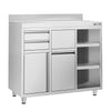 Szafka robocza – 1200 x 600 mm – z 1 drzwiami, 2 szufladami, koszem na śmieci, 2 półkami i rantem – do ekspresu do kawy