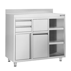Szafka robocza ze stali nierdzewnej - 1200x600mm - z drzwiami na zawiasach, 2 szufladami, koszem na śmieci, z rantem - pod ekspres do kawy