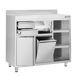 Szafka robocza ze stali nierdzewnej - 1200x600mm - z drzwiami na zawiasach, 2 szufladami, koszem na śmieci, z rantem - pod ekspres do kawy