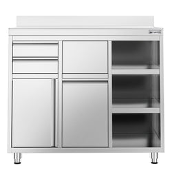 Szafka robocza ze stali nierdzewnej - 1200x600mm - z drzwiami na zawiasach, 2 szufladami, koszem na śmieci, z rantem - pod ekspres do kawy