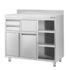 Szafka robocza – 1200 x 600 mm – z 1 drzwiami, 2 szufladami, koszem na śmieci, 2 półkami i rantem – do ekspresu do kawy