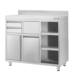 Szafka robocza ze stali nierdzewnej - 1200x600mm - z drzwiami na zawiasach, 2 szufladami, koszem na śmieci, z rantem - pod ekspres do kawy