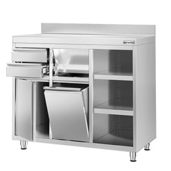 Szafka robocza ze stali nierdzewnej - 1200x600mm - z drzwiami na zawiasach, 2 szufladami, koszem na śmieci, z rantem - pod ekspres do kawy