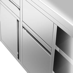 Szafka robocza ze stali nierdzewnej - 1200x600mm - z drzwiami na zawiasach, 2 szufladami, koszem na śmieci, z rantem - pod ekspres do kawy