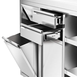 Szafka robocza ze stali nierdzewnej - 1200x600mm - z drzwiami na zawiasach, 2 szufladami, koszem na śmieci, z rantem - pod ekspres do kawy