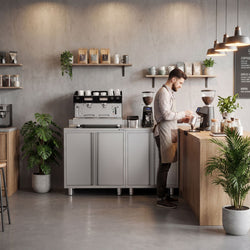 Szafka robocza – do ekspresu do kawy – 1600 x 600 mm – z 4 drzwiami skrzydłowymi i panelem tylnym