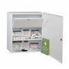 Apteczka szafka MEDICUS - z wyposażeniem - stalowe - zamykana na klucz - 460x180x560mm - z wewnętrznym zamykanym schowkiem na leki - zgodna z DIN13157