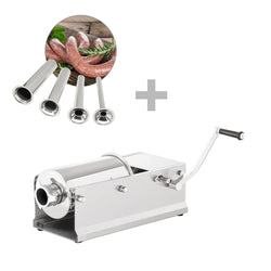 Ręczna nadziewarka do kiełbas - 5l - stal nierdzewna - pozioma - w zestawie: 4 lejki