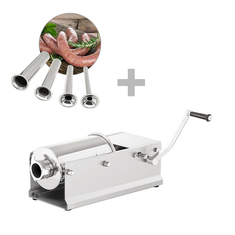 Ręczna nadziewarka do kiełbas - 5l - stal nierdzewna - pozioma - w zestawie: 4 lejki