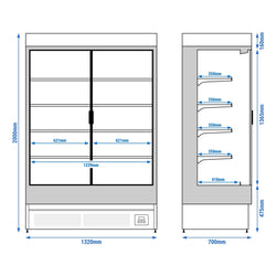 Witryna chłodnicza naścienna - 1320 mm - 595 litrów - z 2 izolowanymi szklanymi drzwiami skrzydłowymi i 4 półkami