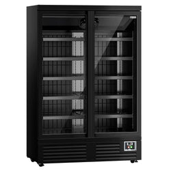 Regał chłodniczy przyścienny - 1260mm - 991L - z 2 podwójnie przeszklonymi, z aluminiową ramą, samodomykającymi drzwiami uchylnymi & 5 półek - Czarny Mat