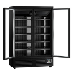 Regał chłodniczy przyścienny - 1260mm - 991L - z 2 podwójnie przeszklonymi, z aluminiową ramą, samodomykającymi drzwiami uchylnymi & 5 półek - Czarny Mat