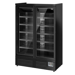 Regał chłodniczy przyścienny - 1260mm - 991L - z 2 podwójnie przeszklonymi, z aluminiową ramą, samodomykającymi drzwiami uchylnymi & 5 półek - Czarny Mat