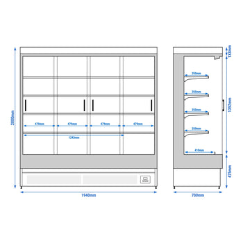 Szafa chłodnicza naścienna z drzwiami przesuwnymi - 1940 mm - 893 l - z oświetleniem LED i 4 półkami - Prime Gastro