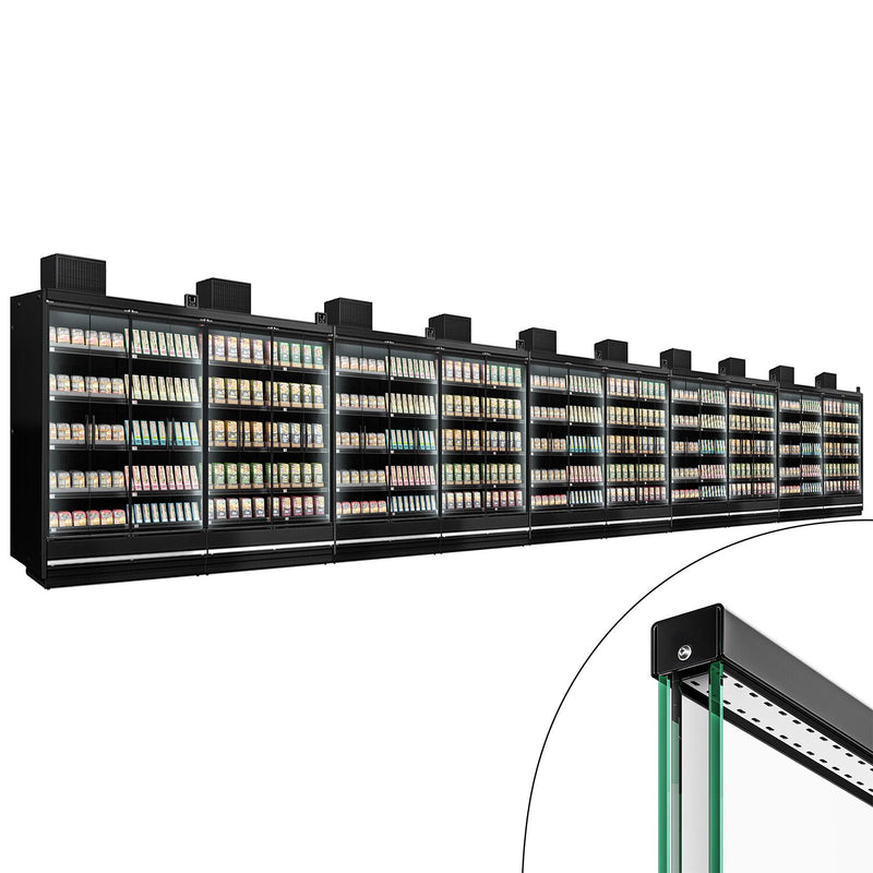 (10 sztuk) Witryna chłodnicza naścienna do supermarketów - 18750 mm - z bezramowymi, izolowanymi szklanymi drzwiami, 5 półek