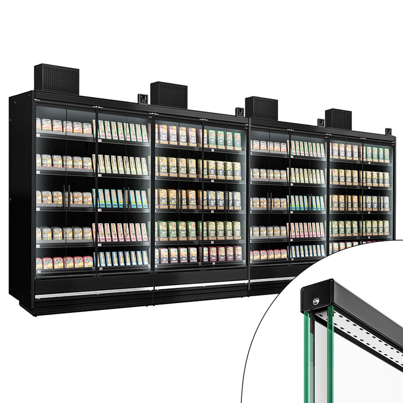 (4 sztuki) Witryna chłodnicza naścienna do supermarketów - 7500 mm - z bezramowymi, izolowanymi szklanymi drzwiami, 5 półek