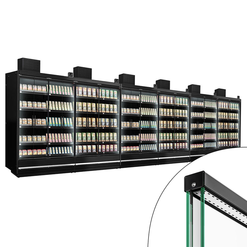 (6 sztuk) Witryna chłodnicza naścienna do supermarketów - 11250 mm - z bezramowymi, izolowanymi szklanymi drzwiami, 5 półek
