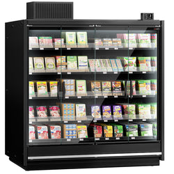 (4 sztuki) Witryna chłodnicza naścienna do supermarketów - 7500 mm - z bezramowymi, izolowanymi szklanymi drzwiami, 5 półek