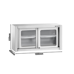 Szafka wisząca ze stali nierdzewnej – 1000 x 400 mm – z przesuwanymi drzwiami szklanymi – wysokość 650 mm