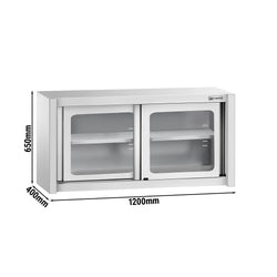 Szafka wisząca ze stali nierdzewnej – 1200 x 400 mm – z przesuwanymi drzwiami szklanymi – wysokość 650 mm