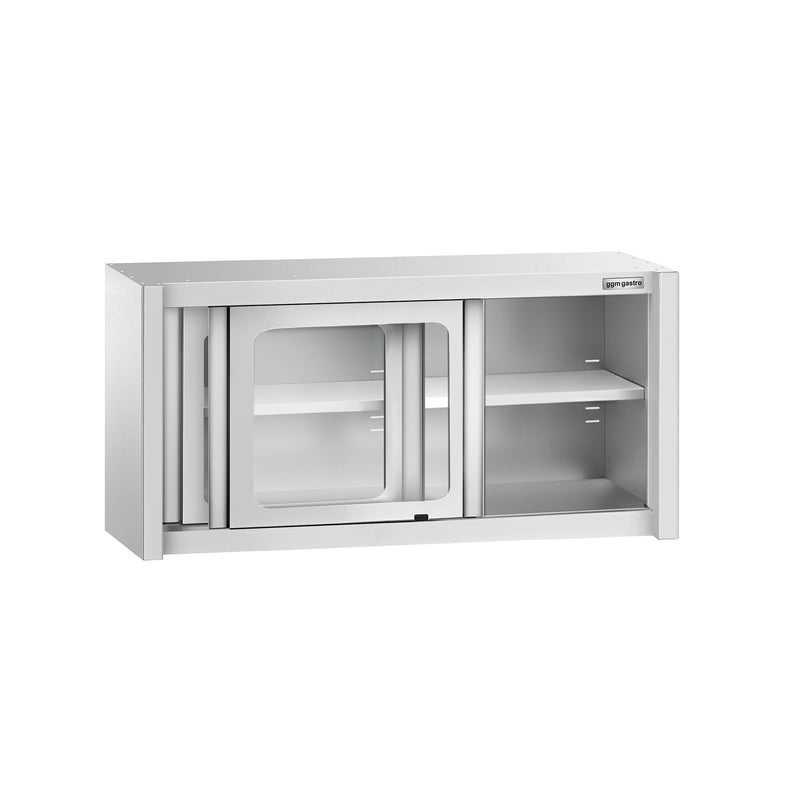 Szafka wisząca ze stali nierdzewnej – 1200 x 400 mm – z przesuwanymi drzwiami szklanymi – wysokość 650 mm