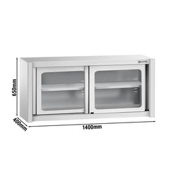 Szafka wisząca ze stali nierdzewnej – 1400 x 400 mm – z przesuwanymi drzwiami szklanymi – wysokość 650 mm