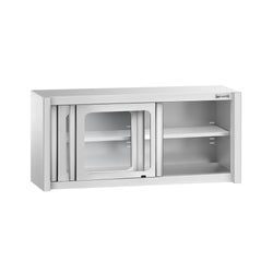 Szafka wisząca ze stali nierdzewnej – 1400 x 400 mm – z przesuwanymi drzwiami szklanymi – wysokość 650 mm