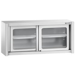 Szafka wisząca ze stali nierdzewnej – 1400 x 400 mm – z przesuwanymi drzwiami szklanymi – wysokość 650 mm