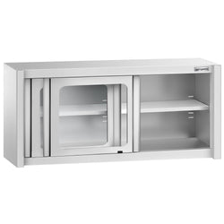 Szafka wisząca naścienna – stal nierdzewna – 1400 x 400 mm – wysokość: 650 mm – z drzwiami szklanymi przesuwnymi