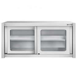 Szafka wisząca ze stali nierdzewnej – 1400 x 400 mm – z przesuwanymi drzwiami szklanymi – wysokość 650 mm