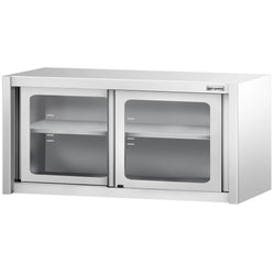 Szafka wisząca naścienna – stal nierdzewna – 1400 x 400 mm – wysokość: 650 mm – z drzwiami szklanymi przesuwnymi