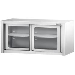 Szafka wisząca ze stali nierdzewnej – 1400 x 400 mm – z przesuwanymi drzwiami szklanymi – wysokość 650 mm