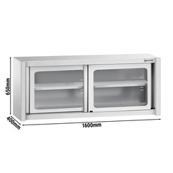 Szafka wisząca ze stali nierdzewnej – 1600 x 400 mm – z przesuwanymi drzwiami szklanymi – wysokość 650 mm
