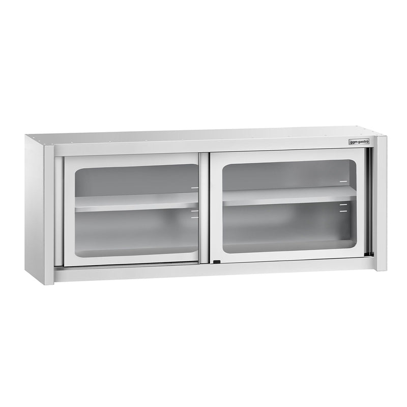 Szafka wisząca ze stali nierdzewnej – 1800 x 400 mm – z przesuwanymi drzwiami szklanymi – wysokość 650 mm