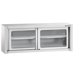 Szafka wisząca ze stali nierdzewnej – 1800 x 400 mm – z przesuwanymi drzwiami szklanymi – wysokość 650 mm