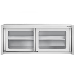 Szafka wisząca ze stali nierdzewnej – 1800 x 400 mm – z przesuwanymi drzwiami szklanymi – wysokość 650 mm