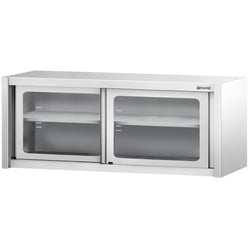 Szafka wisząca ze stali nierdzewnej – 1800 x 400 mm – z przesuwanymi drzwiami szklanymi – wysokość 650 mm