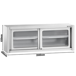 Szafka wisząca ze stali nierdzewnej – 2000 x 400 mm – z przesuwanymi drzwiami szklanymi – wysokość 650 mm