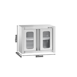 Szafka wisząca ze stali nierdzewnej – 800 x 400 mm – z szklanymi drzwiami skrzydłowymi – wysokość 650 mm