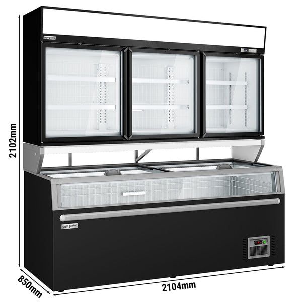 Supermarketowa chłodziarka ścienna - 3 drzwi - wraz z wyspą do mrożonek - czarna - Prime Gastro