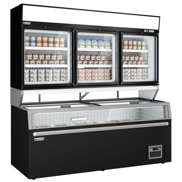 Supermarketowa chłodziarka ścienna - 3 drzwi - wraz z wyspą do mrożonek - czarna - Prime Gastro