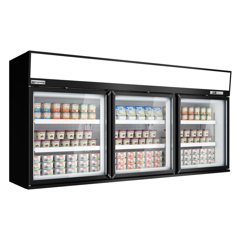 Supermarket - Naścienna witryna mroźnicza – 2100 mm – 346 litrów – z 3 drzwiami i 2 półkami – czarna