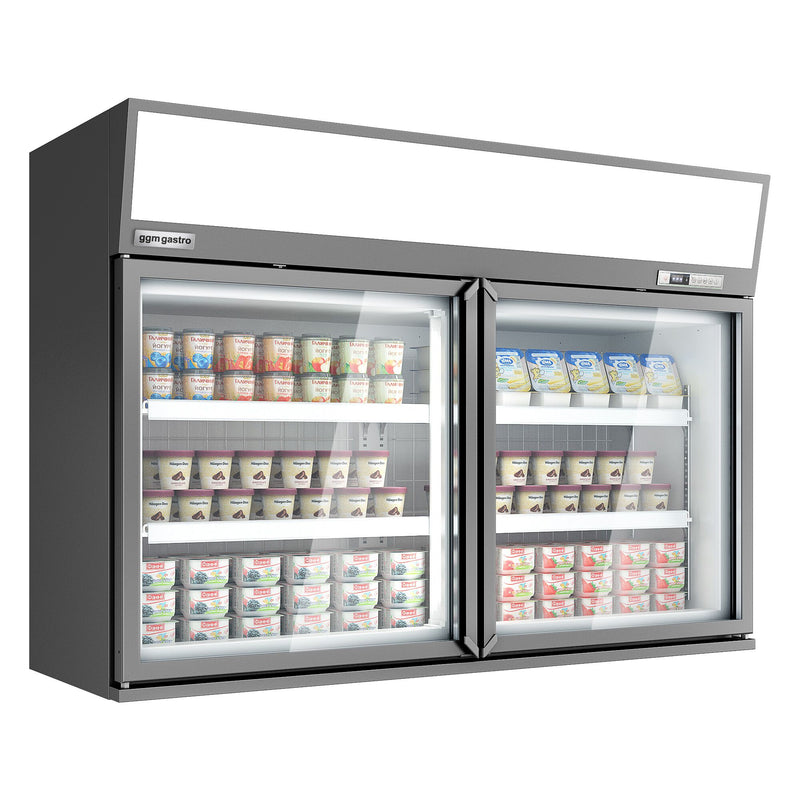 Supermarket - Naścienna witryna mroźnicza – 1450 mm – 232 litry – z 2 drzwiami i 2 półkami – szara