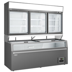 Supermarketowa chłodziarka ścienna - 3 drzwi - wraz z wyspą do mrożonek - szara