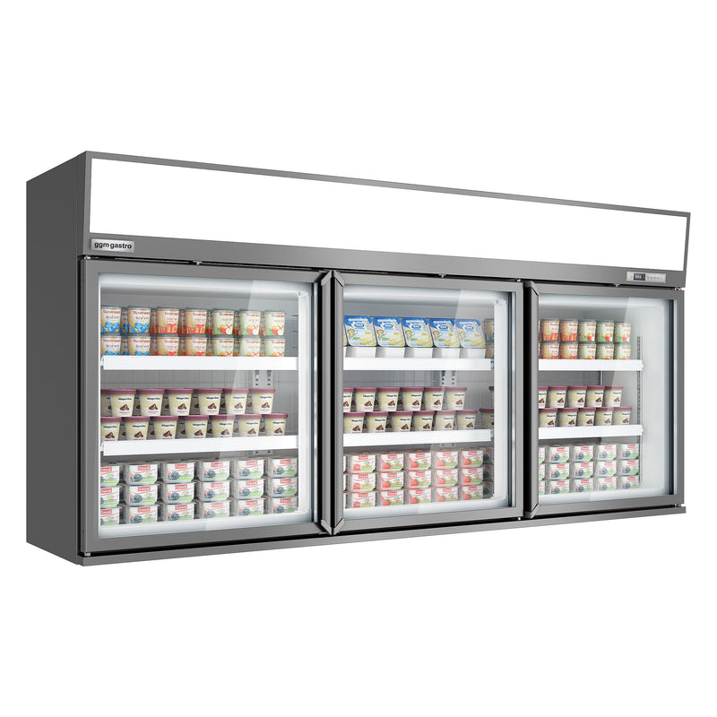 Supermarket - Naścienna witryna mroźnicza - 2100 mm - 346 litrów - z 3 drzwiami i 2 półkami - szara