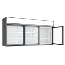 Supermarket - Naścienna witryna mroźnicza - 2100 mm - 346 litrów - z 3 drzwiami i 2 półkami - szara