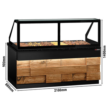 Witryna grzewcza TORONTO - 2100 mm - drewniany panel przedni - dla 6x GN 1/1 - blat roboczy kuchenny z czarnego granitu - Prime Gastro